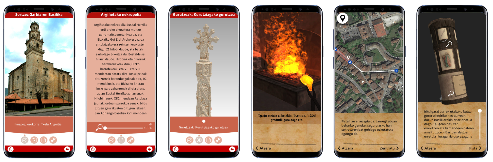 Elorrioko gida birtualaren pantailak, monumentuekin, 3D birsorkuntzekin, jokoekin eta GPS ibilbideekin.
