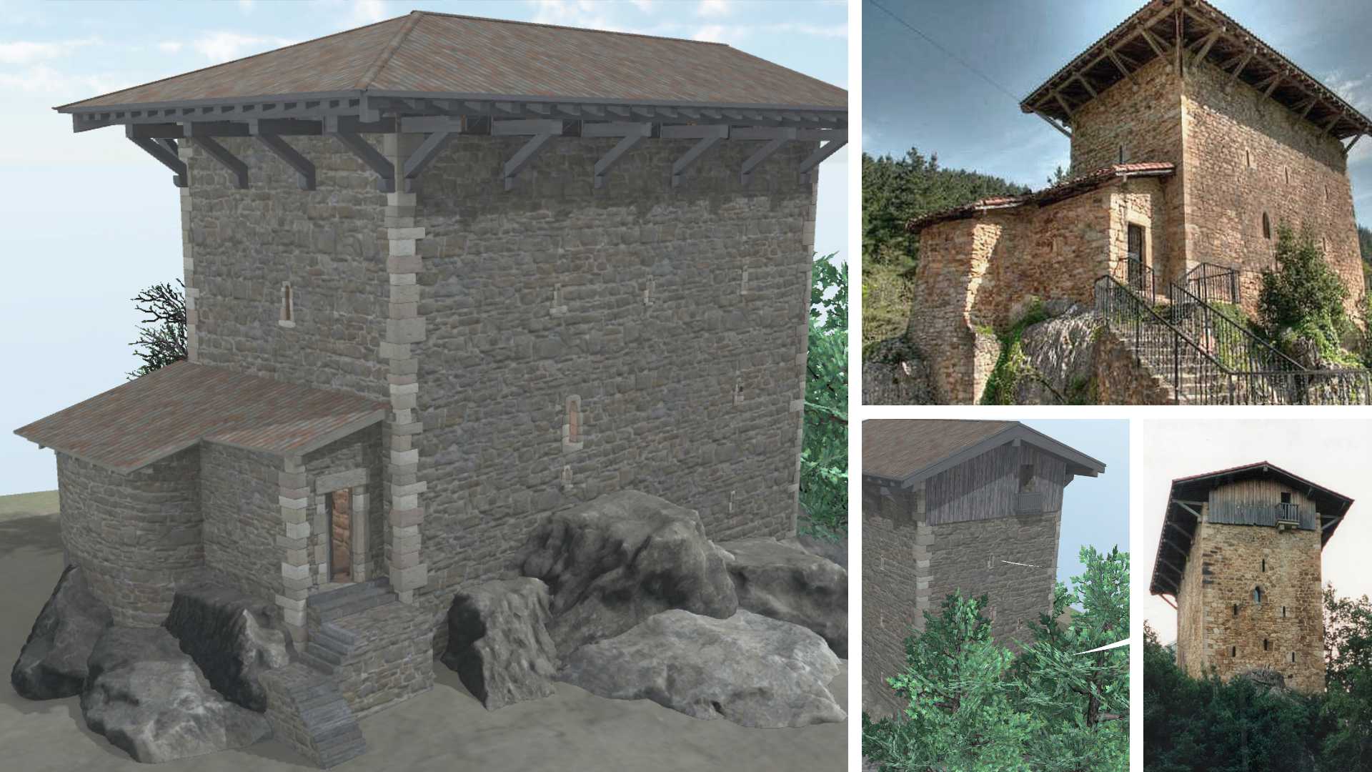Etxaburu dorretxearen 3D berreraikuntzaren eta benetako eraikinaren argazkien arteko konparazioa.