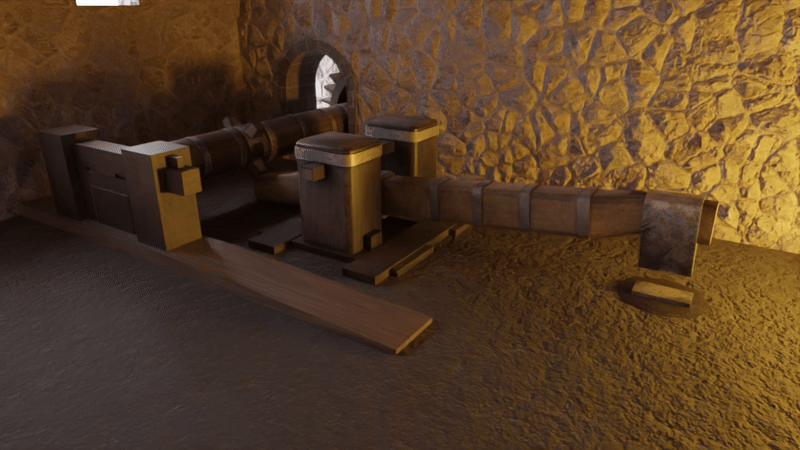 XVIII. mendeko burdinola bateko hauspo-makineriaren 3D berreraikuntza animatua.