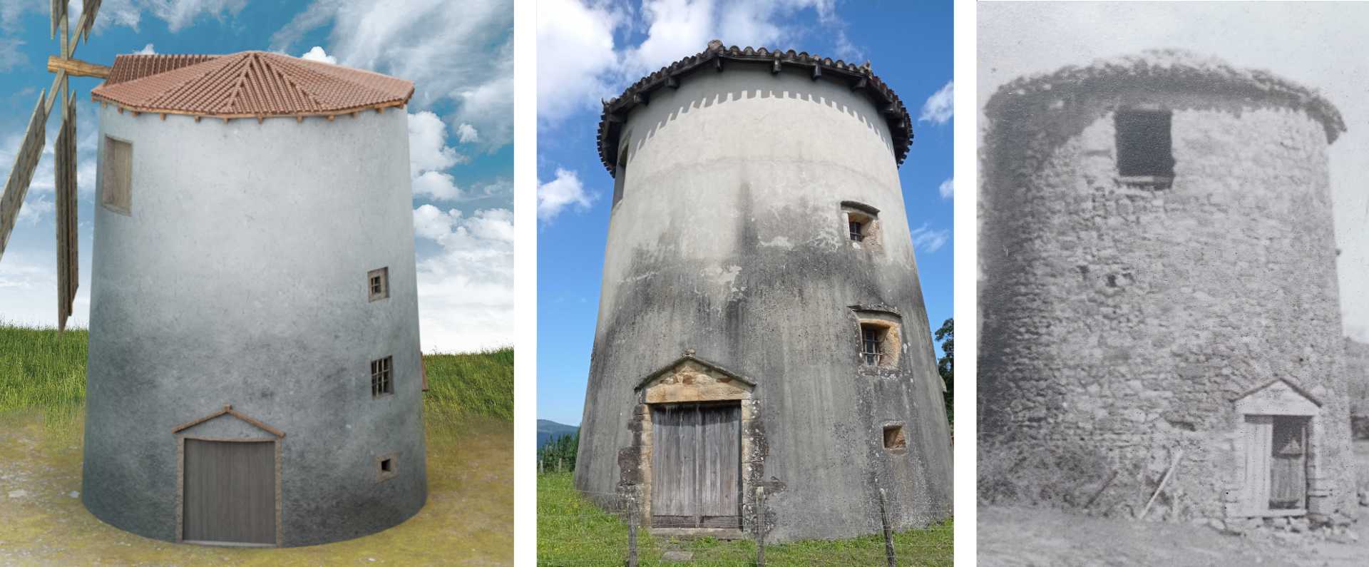 Larringaneko haize-errotaren 3D berreraikuntzaren, egungo argazki baten eta argazki historiko baten arteko konparazioa.